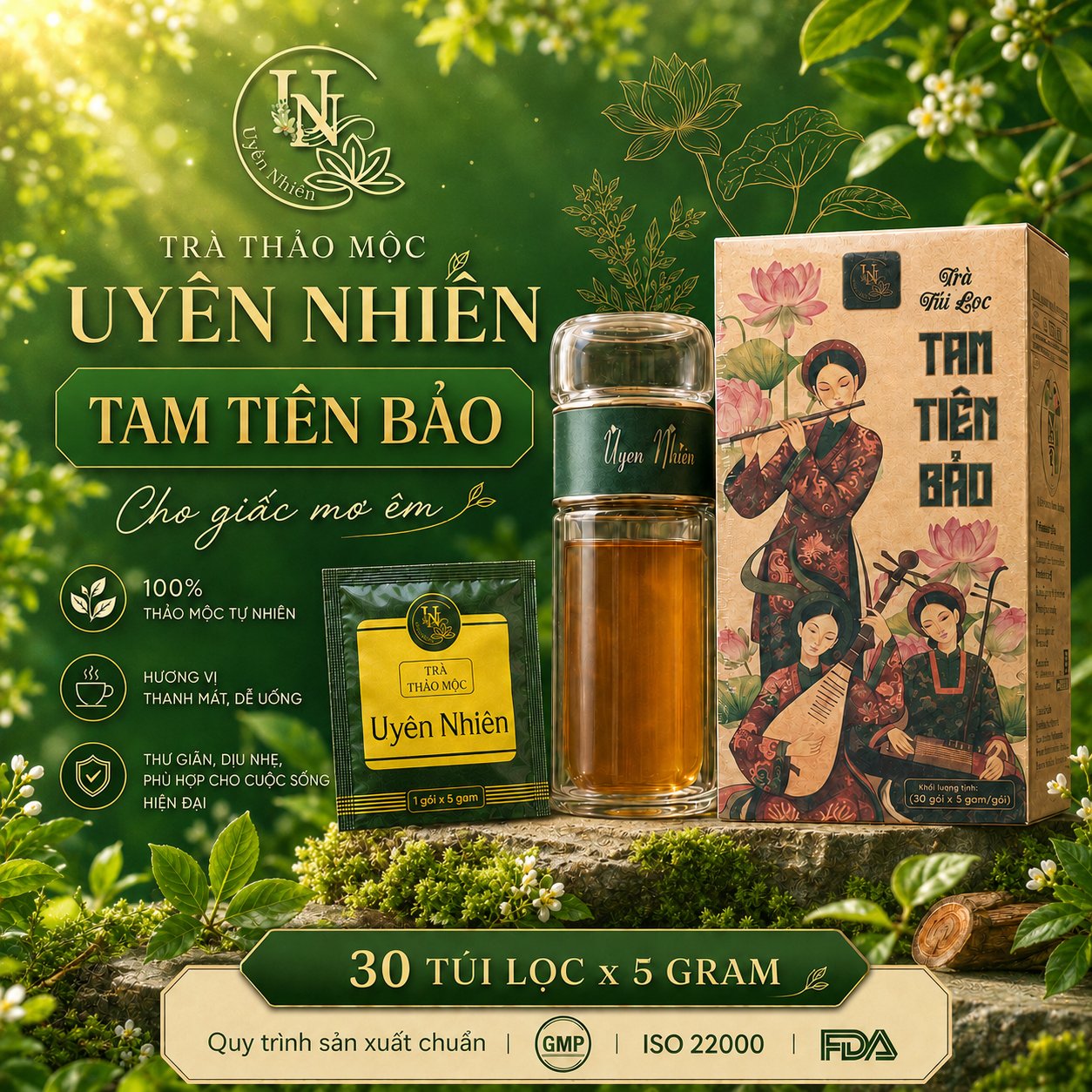 Trà Tam Tiên Bảo và ly trà thảo mộc